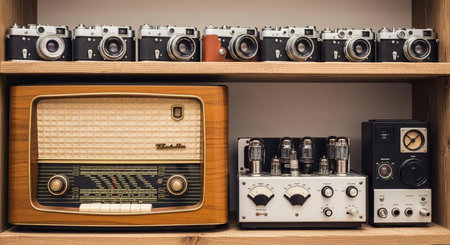 Vintage radio set on a shelf in a music studio, retro styleの素材