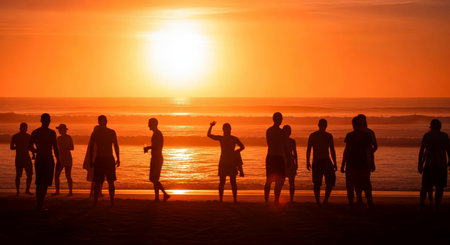 Silhouette of a group of people on the beach at sunsetの素材