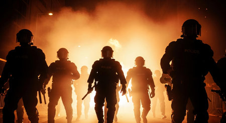 Police in action with smoke and fire in the city at night.の素材
