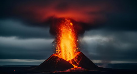 Volcano eruption in Kamchatka, Russia. Beautiful volcanic landscape with active volcano.の素材