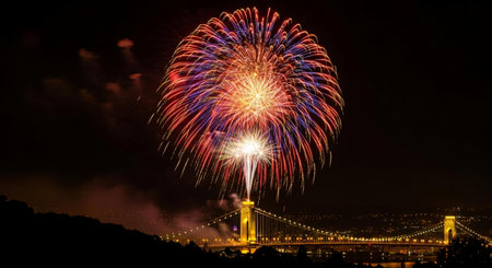 Celebratory Fireworks over Bosphorus Bridge in Istanbul, Turkeyの素材