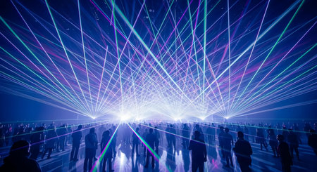 Silhouette of a crowd of people in front of a laser showの素材