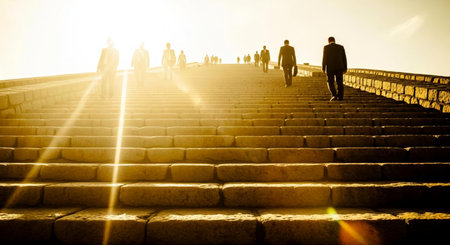 Group of people walking up the stairs at sunset. Travel concept.の素材