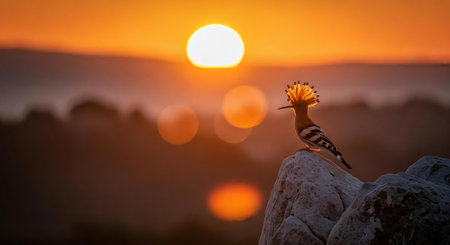 Hoopoe bird sitting on a rock and watching the sunset.の素材