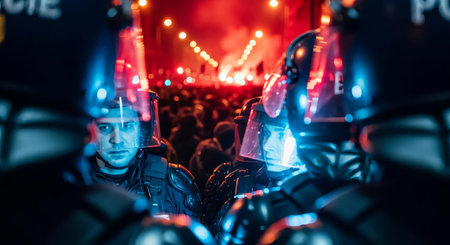 Riot police in action during a rally against President Macron in Kiev, Ukraineの素材