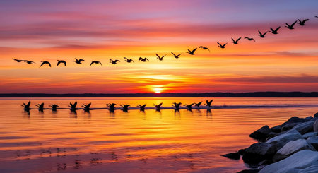Flock of birds flying over the lake at sunset. Beautiful landscape.の素材