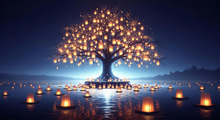 Lanterns and tree on the water. 3D renderingの素材