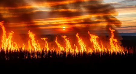 Burning forest at sunset. Fire in the forest at sunset.の素材