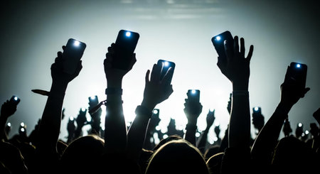Crowd at concert, hands raised up and mobile phone in foregroundの素材