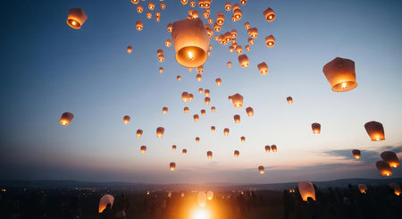 Floating lanterns in the sky at sunset, Chiang Mai, Thailandの素材