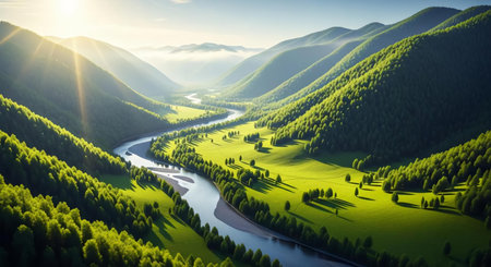 Mountain landscape with river and forest at sunset. 3d renderの素材