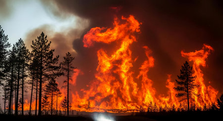 Forest fire in the taiga. Big fire in the forest.の素材