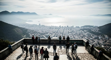 Tourists at the top of Table Mountain in Cape Town, South Africaの素材