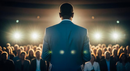 Back view of businessman with hands on hips looking at audience at concertの素材