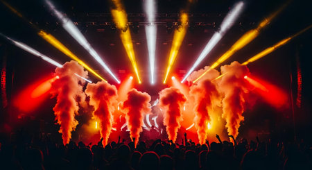 Concert crowd in front of a bright stage with lights and smokeの素材