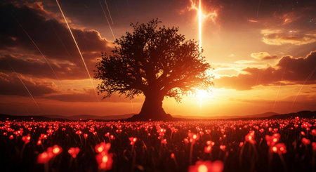 Red tulip field with lonely tree at sunset. 3d renderの素材