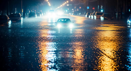 Car driving on the wet road at night in the city. Blurred backgroundの素材