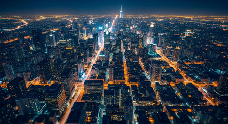 Aerial view of New York City at night, United States.の素材