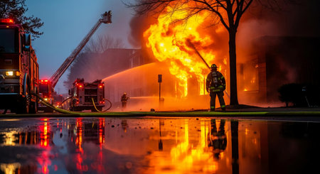 Firefighters extinguish a fire in the city at night. Firefighters extinguish a fire.の素材