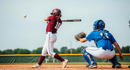 Action photo of high school baseball players in action during a baseball game.の素材