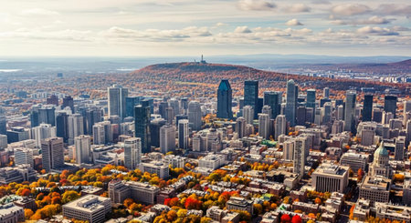 Montreal, Canada. Aerial view of Montreal skyline during autumn.の素材