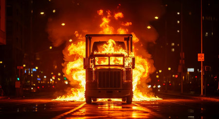 Burning truck on the road at night in the city. Fire in the city.の素材