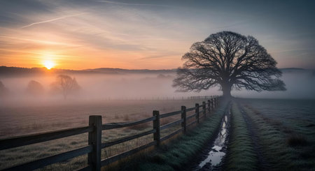 Foggy sunrise over a country road with a tree in the foregroundの素材