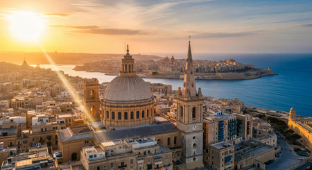 Panoramic view of Valletta at sunset, Malta.の素材