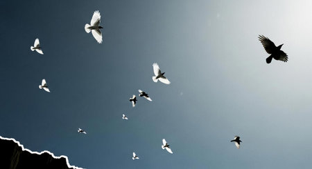 A flock of pigeons flying in the blue sky and white cloudsの素材