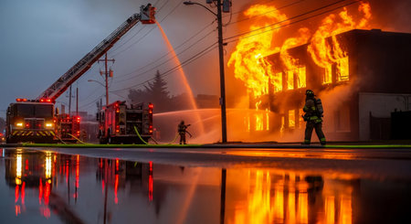 Firefighters extinguish a fire in the city at night. Firefighters extinguish a fire.の素材