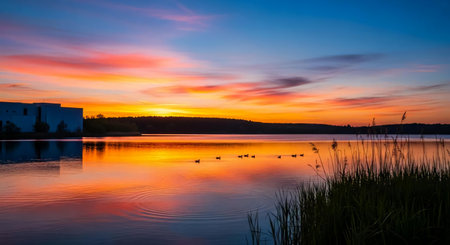 Sunset on the lake with ducks and reeds in the foregroundの素材