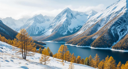 Mountain lake with snow and yellow larches in the Alps.の素材
