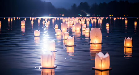 Candle light on the water in the night at the temple.の素材