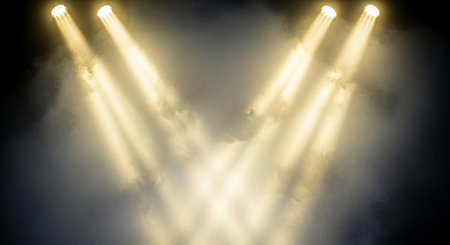 Stage spotlights with smoke and rays of light. 3D renderingの素材