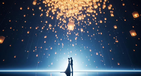 Silhouette of a bride and groom on the background of flying lanterns.の素材