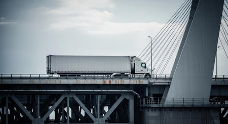 Truck on the bridge in the city. Transportation and logistics conceptの素材