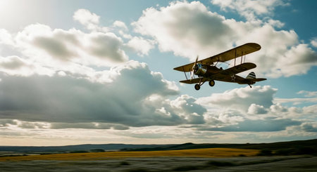 Vintage airplane flying in the sky with clouds on sunny day.の素材