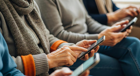 Cropped image of group of friends using mobile phones while sitting on sofa at homeの素材