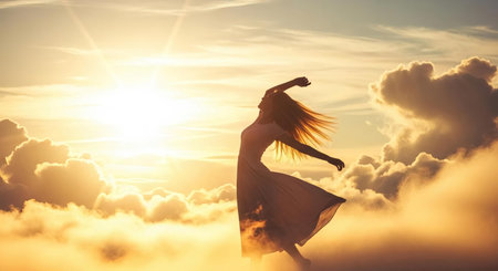 Beautiful young woman dancing on a background of the sky with cloudsの素材