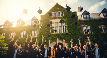 Group of graduates throwing their caps in the air in front of a green houseの素材