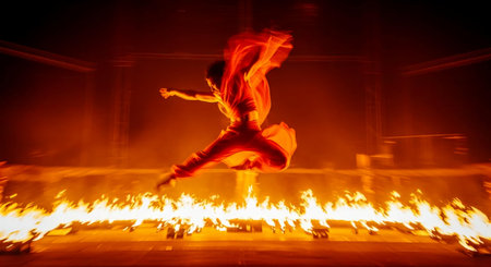 abstract scene of a man jumping over a fire in a nightclubの素材