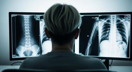 Rear view of a man looking at an x-ray imageの素材