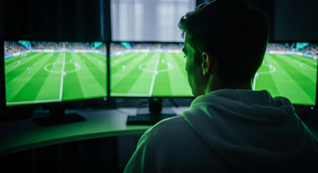 Rear view of young man watching soccer match on television at nightの素材