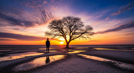 Silhouette of a man standing on the beach at sunset with a tree in the backgroundの素材