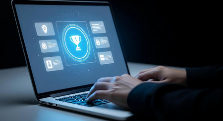 Businesswoman working on laptop with trophy icon on screen, closeupの素材