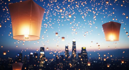 Hanging paper lanterns against view of the city during the nightの素材