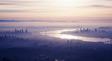 Aerial view of San Francisco skyline at sunrise, California, USA.の素材