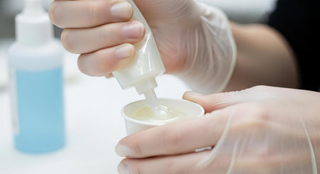 Close-up of a woman's hands in white gloves using a spray bottleの素材