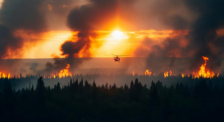 Aerial view of forest fire with burning trees in the foreground.の素材