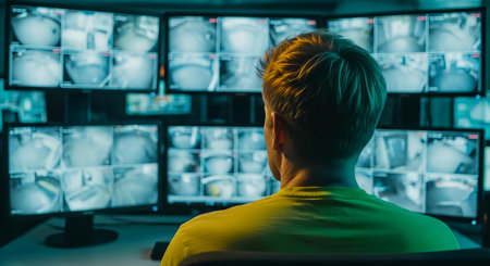 Rear view of man looking at x-ray images in computer roomの素材